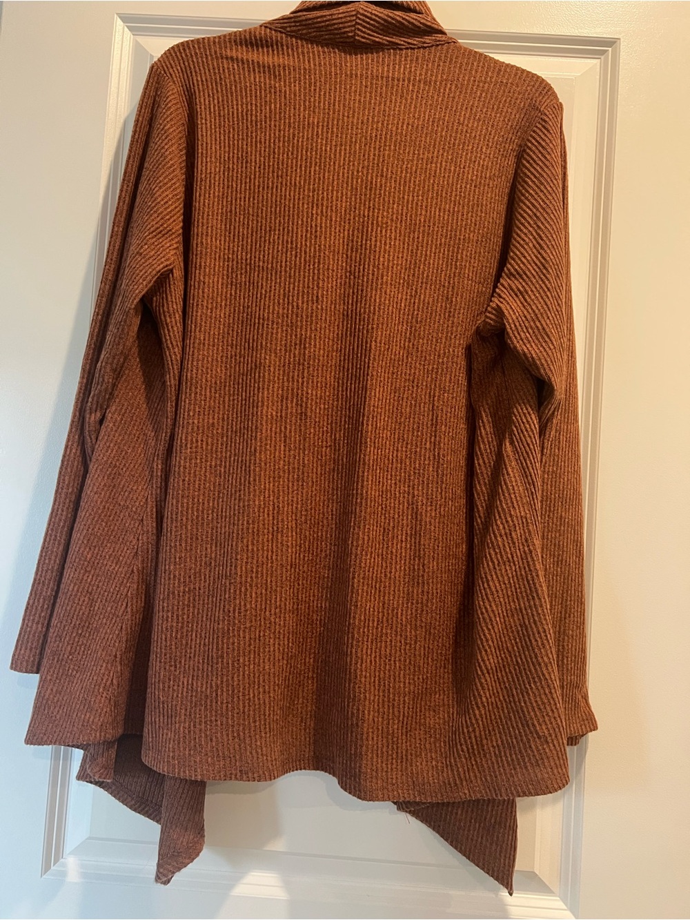 Dear Scarlett Ribbed Knit Shawl Collar Draped Cardigan in Rust Brown - Picture 2 of 5